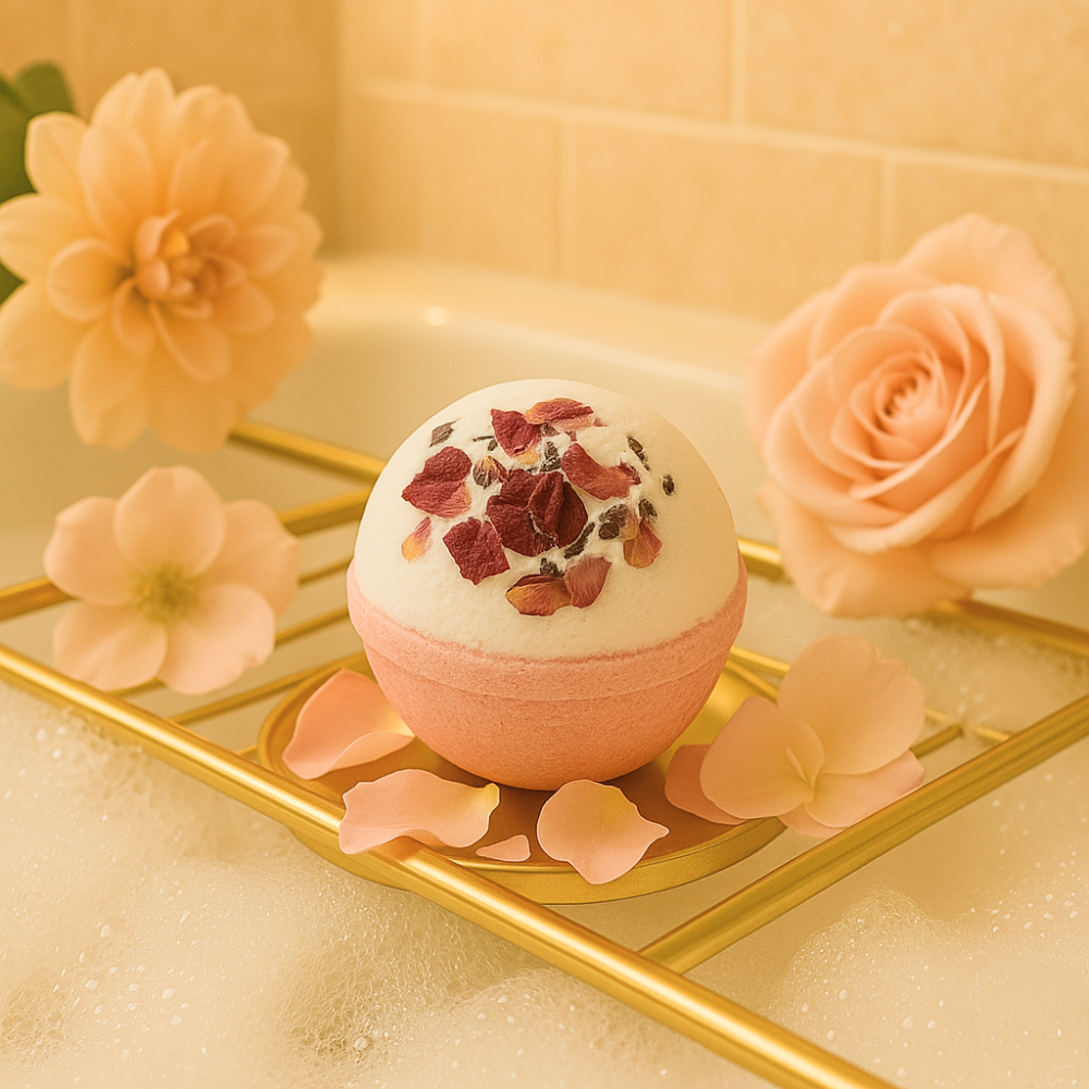 Spa Gift Set for Women, 6-Piece Pink Collection with Bath Bomb, Bath Salt, Candle, Diamond Soap, Thermal Mug and Gift Card